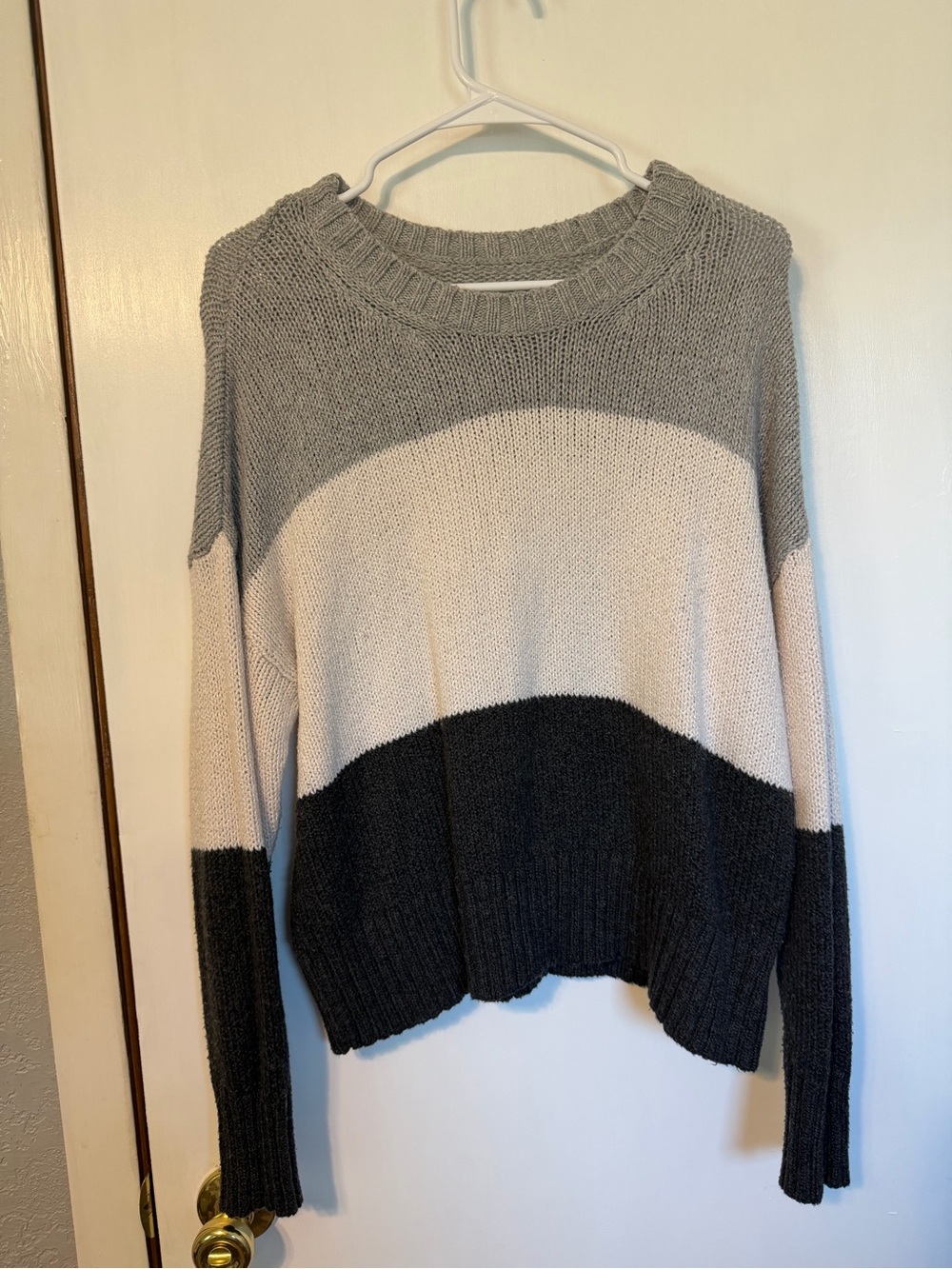 Women's Colorblock Crewneck Sweater - Gray, Cream, Dark Gray